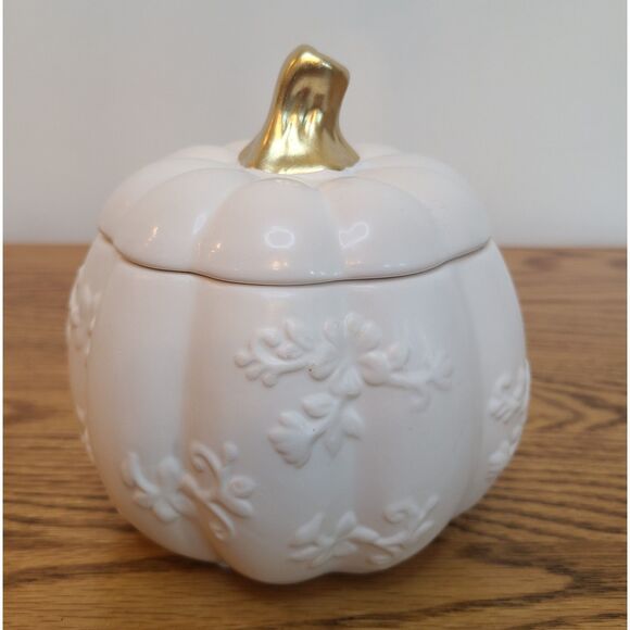 White Ceramic Harvest Pumpkin Container With Lid From 1-800-Flowers Arrangement - Picture 5 of 10